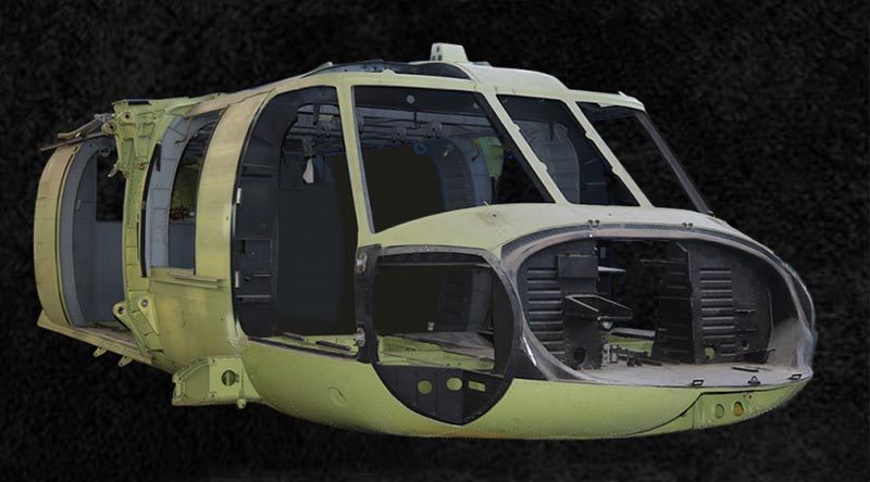 This Black Hawk fuselage shell with 0 flying hours is for sale by auction from Australian Frontline Machinery in March 2020.