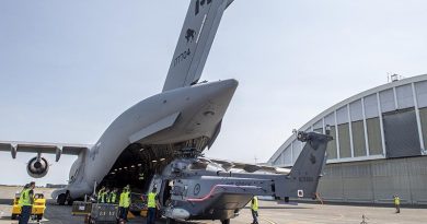 The first of three NH90s is returned to RNZAF Ohakea via RCAF CC-177 Globemaster. NZDF photo.