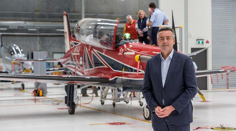 [Then] Minister for Veterans and Defence Personnel Darren Chester in front of a recently delivered Pilatus PC-21 at RAAF Base East Sale. Photo by Corporal Dan Pinhorn.