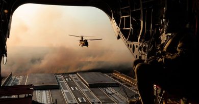 Australian Army CH-47F Chinooks from 5th Aviation Regiment head back to Adelaide from a Bushfire Assist sortie on Kangaroo Island, South Australia. Photo by Corporal Tristan Kennedy.