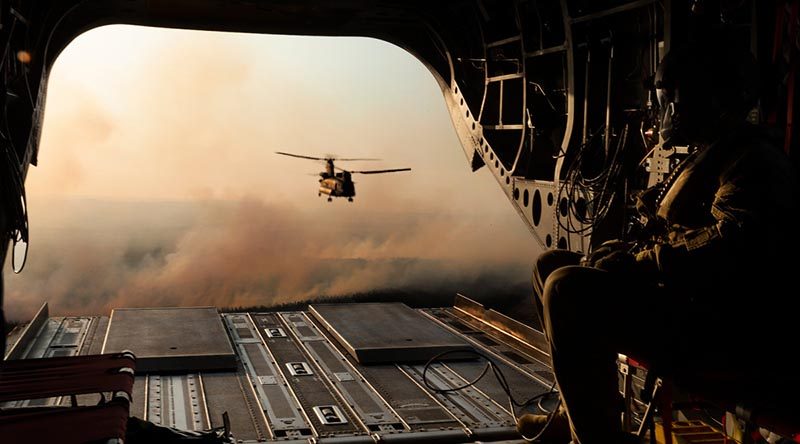 Australian Army CH-47F Chinooks from 5th Aviation Regiment head back to Adelaide from a Bushfire Assist sortie on Kangaroo Island, South Australia. Photo by Corporal Tristan Kennedy.