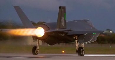 Joint Strike fighter A35-011 from Number 3 Squadron departs for a night sortie from RAAF Base Williamtown. Photo by Sergeant David Gibbs.