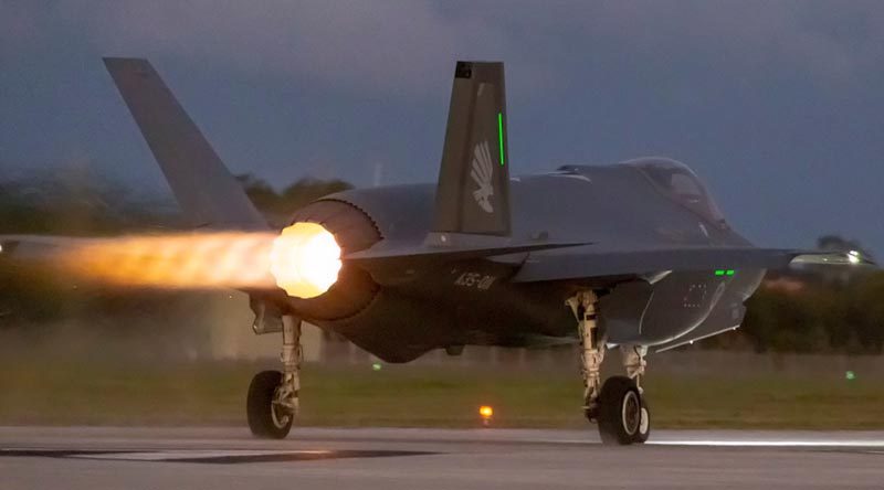 Joint Strike fighter A35-011 from Number 3 Squadron departs for a night sortie from RAAF Base Williamtown. Photo by Sergeant David Gibbs.