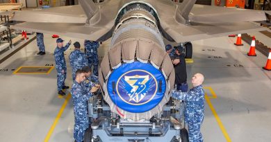 A Pratt and Whitney F135 Engine being removed from A35-017 at RAAF Base Williamtown. Photo by Corporal Craig Barrett.