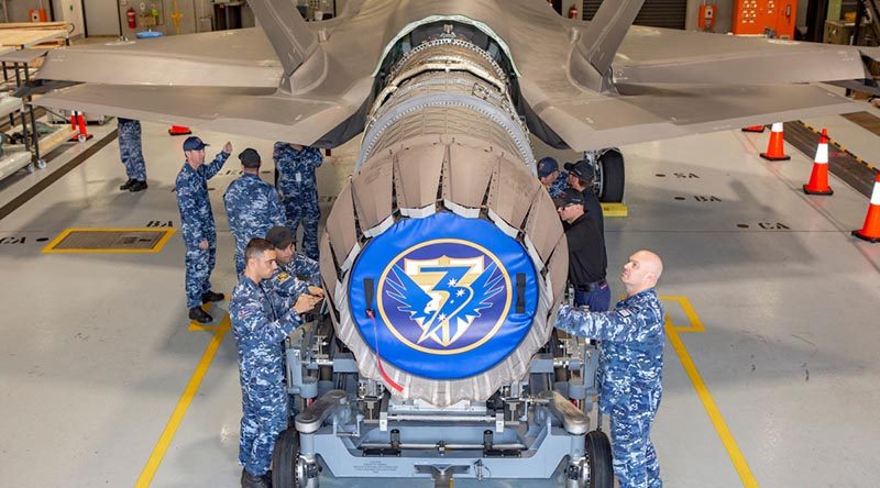 A Pratt and Whitney F135 Engine being removed from A35-017 at RAAF Base Williamtown. Photo by Corporal Craig Barrett.