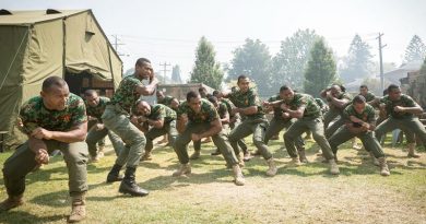 Soldiers from the Republic of Fiji Military Forces perform a cultural dance to welcome students visiting from Newmerella Primary School as part of a visit to the Orbost Football Oval, headquarters for the assistance effort during Operation Bushfire Assist 19-20 in Victoria. Photo by Leading Aircraftman John Solomon.