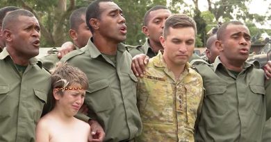 An emotional farewell for the Fijian Bushfire Assist contingent at Orbost, Victoria.
