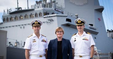 Chief of Navy Vice Admiral Michael Noonan, Minister for Defence Linda Reynolds and Commander Ted Seymour, Commanding Office of NUSHIP Sydney, as the Royal Australian Navy marked the delivery of its third Air Warfare Destroyer. Photo by Kym Smith.