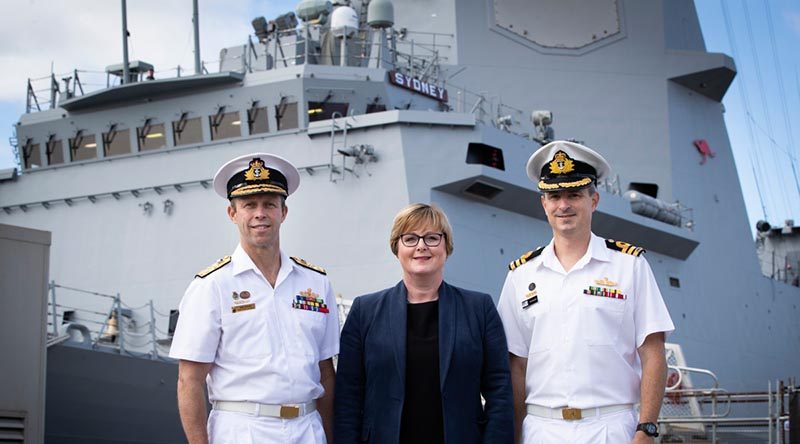 Chief of Navy Vice Admiral Michael Noonan, Minister for Defence Linda Reynolds and Commander Ted Seymour, Commanding Office of NUSHIP Sydney, as the Royal Australian Navy marked the delivery of its third Air Warfare Destroyer. Photo by Kym Smith.