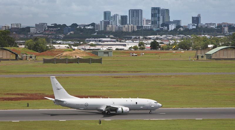 A P-8A Poseidon arrives at RAAF Base Darwin. Photo by Able Seaman Kayla Hayes.