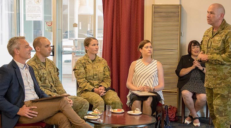 Regimental Sergeant Major of Joint Task Force 1111 Warrant Officer Class One Rick Cartwright, addresses employers of Reservists at Keswick Barracks, South Australia. Photo by Private Diana Jennings.