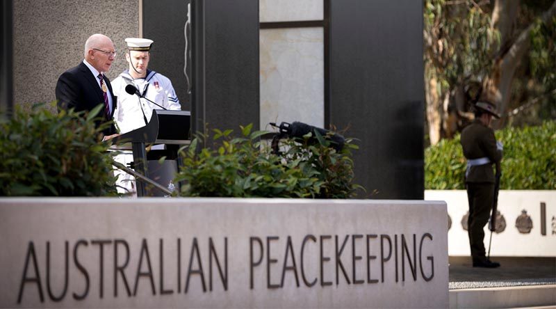 Governor-General, General (Retd) David Hurley, addresses the congregation at the National Commemorative Service for the 25th anniversary of the UN Assistance Mission in Rwanda, at the Australian Peacekeeping Memorial, Canberra. Photo by Lauren Larking.