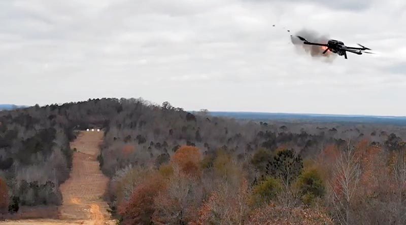 Skyborne Technologies' 40mm-armed Cerberus GL fires a grenade during a demonstration for the US Army. Company-video screen-grab.