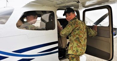 CSGT Chevvy Dolan (608 Squadron, AAFC) prepares for an air experience flight from Gawler Airfield in a Cessna Skyhawk C172-S operated by Adelaide Biplanes.