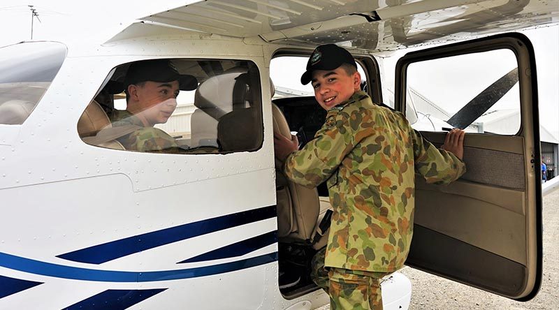 CSGT Chevvy Dolan (608 Squadron, AAFC) prepares for an air experience flight from Gawler Airfield in a Cessna Skyhawk C172-S operated by Adelaide Biplanes.