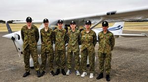 Participants in an air experience flight from Gawler Airfield, pictured with an S’ model Cessna Skyhawk C172 (left to right): LCDT James Chant, CDT Zac Baker, CDT Lorry Bonnett, LCDT Tom Shaw, LCDT Kira Scott-Halliday and CSGT Chevvy Dolan.