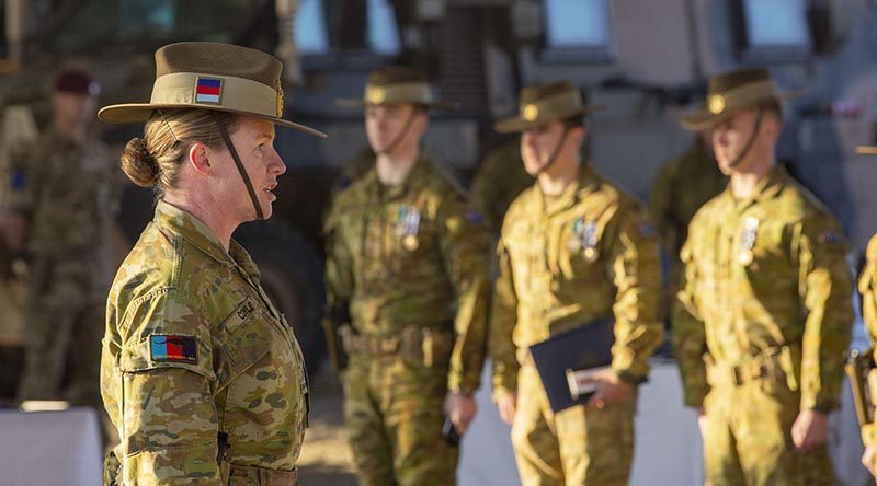 Major General Susan Coyle addresses members of Force Protection Element 12 before their departure from Afghanistan. ADF photo.