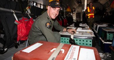 No 35 Squadron loadmaster Sergeant Michael Jones helps secure southern brushtail rock wallabies in the C-27J Spartan transport aircraft. Photo: by Corporal Kylie Gibson.