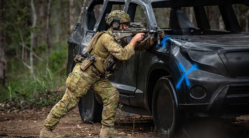 An Australian Army soldier in competition at the Australian Army Skill at Arms Meeting at Greenbank Training Area, Queensland. Photo by Private Jacob Hilton.