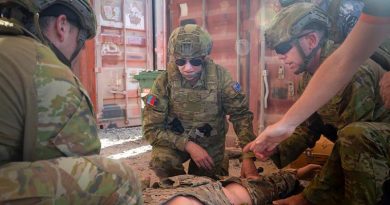 Senator Hollie Hughes participates in combat first aid training during her visit to Australia’s main operating base in the Middle East region. Photo by Leading Seaman Craig Walton.