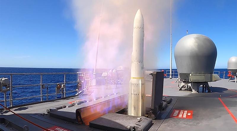 HMAS Arunta fires an Evolved Sea Sparrow missile off the coast of Western Australia to test its missile systems after undergoing the Anzac Midlife Capability Assurance Program upgrade. Photo by Leading Seaman Ronnie Baltoft.