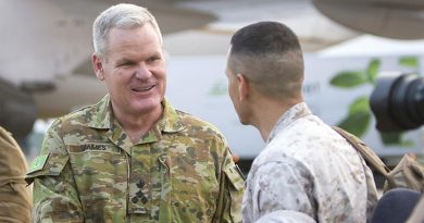 Brigadier Ben James, Commander 1 Brigade, farewells United States Marines at RAAF Base Darwin, after a successful six months with the Marine Rotational Force - Darwin. Photo by Able Seaman Kayla Hayes.