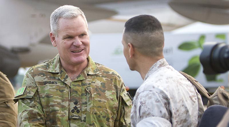 Brigadier Ben James, Commander 1 Brigade, farewells United States Marines at RAAF Base Darwin, after a successful six months with the Marine Rotational Force - Darwin. Photo by Able Seaman Kayla Hayes.