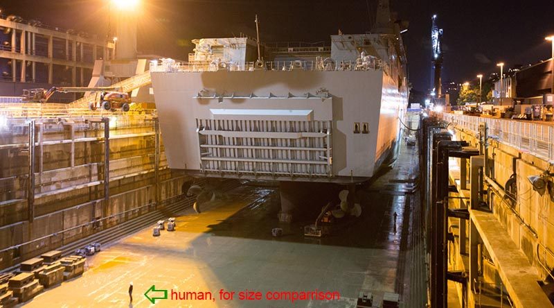 HMAS Adelaide rests on blocks in Captain Cook Graving Dock at Fleet Base East, Sydney, for maintenance. Photo by Leading Seaman Peter Thompson.