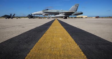 A No. 77 Squadron F/A-18A Hornet taxis at Andersen Air Force Base during Exercise Cope North 20 in Guam. Photo by Corporal David Said.