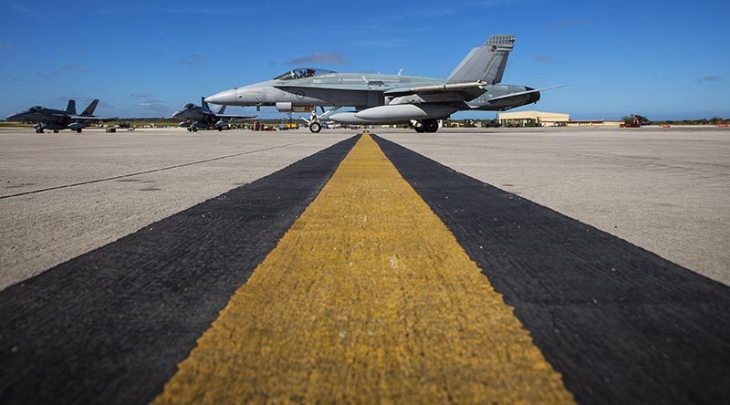 A No. 77 Squadron F/A-18A Hornet taxis at Andersen Air Force Base during Exercise Cope North 20 in Guam. Photo by Corporal David Said.