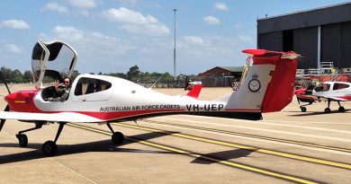 Flight Lieutenant James Francis says hello to RAAF Richmond after arriving in a DA40 NG, with Wing Commander Joe Vine in a second aircraft. Photo by FLTLT (AAFC) Kate Hobson.