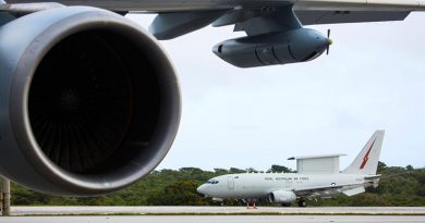 A No. 2 Squadron E-7A Wedgetail taxis out to the Andersen Air Force Base runway during Exercise Cope North 20 in Guam. Photo by Corporal David Said.