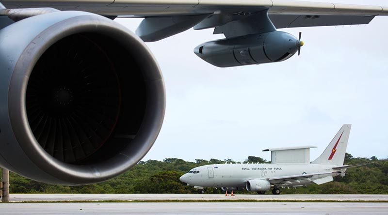 A No. 2 Squadron E-7A Wedgetail taxis out to the Andersen Air Force Base runway during Exercise Cope North 20 in Guam. Photo by Corporal David Said.