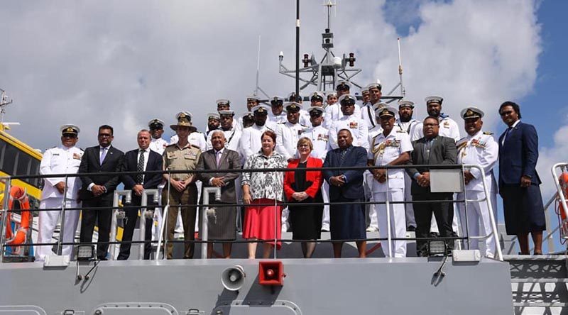 Australian and Fijian delegations at the handover of a new Guardian-class patrol boat to Fiji. Photo from Minister Reynolds' Facebook page.