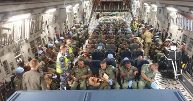 Members of the Republic of Fiji Military Forces deploying as part of the next rotation the United Nations Assistance Mission – Iraq take their seats on a Royal Australian Air Force C-17A Globemaster III in preparation for take-off. Photo by Captain Krystelle Jones.