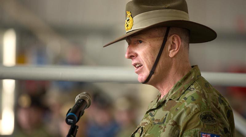 Then Major General [now Lieutenant General] John Frewen addresses deployed personnel in the Middle East. Photo by WO2 Neil Ruskin.