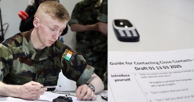 A cadets from the Irish Army's 96th Cadet Class in training with the National Health Service to conduct 'contact tracing' as Ireland combats the corona virus. Óglaigh na hÉireann photo.
