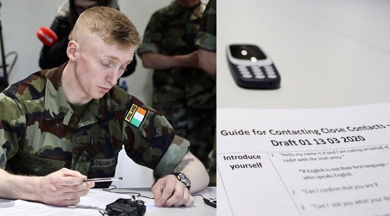 A cadets from the Irish Army's 96th Cadet Class in training with the National Health Service to conduct 'contact tracing' as Ireland combats the corona virus. Óglaigh na hÉireann photo.