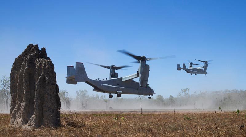 Two United States Marine Rotational Force – Darwin MV-22 Osprey take off during Exercise Koolendong at Mount Bundey Training Area. Photo by Private Nicole Dorrett.