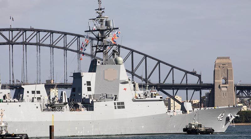 NUSHIP Sydney prepares to berth at Fleet Base East, Garden Island in Sydney, for the first time. Photo by Able Seaman Leon Dafonte Fernandez.