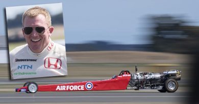 Sergeant Dean Hart sets a new New Zealand land speed record in his home-built Rolls Royce Viper jet-powered dragster at RNZAF Base Ohakea. NZDF photo.