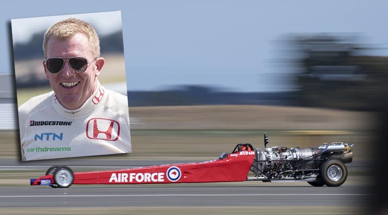 Sergeant Dean Hart sets a new New Zealand land speed record in his home-built Rolls Royce Viper jet-powered dragster at RNZAF Base Ohakea. NZDF photo.