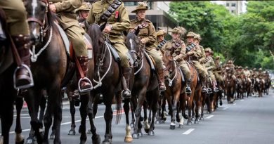 The ADF says approximately 80 (local media say 67) riders from historical re-enactment troops ride through the streets of Brisbane to mark the 160th anniversary of the raising of the Queensland Defence Force. Photo by Corporal Jessica de Rouw.