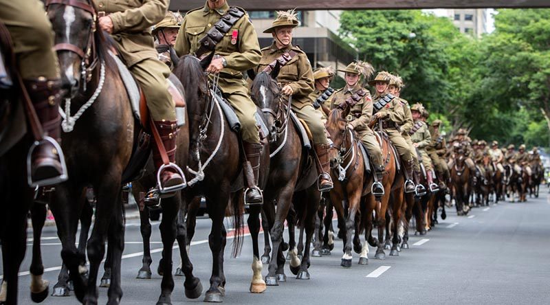 The ADF says approximately 80 (local media say 67) riders from historical re-enactment troops ride through the streets of Brisbane to mark the 160th anniversary of the raising of the Queensland Defence Force. Photo by Corporal Jessica de Rouw.