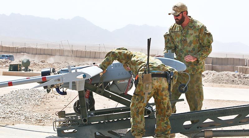 Australian soldiers prepare a Shadow 200 UAV for a mission at Tarin Kot, Afghanistan, September 2012. Photo by Brian Hartigan.