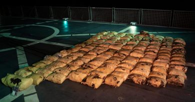 150 parcels of illicit drugs including hashish and heroin are made ready for destruction on the flight deck of HMAS Toowoomba after a successful boarding during Operation Manitou. Photo by Leading Seaman Richard Cordell.