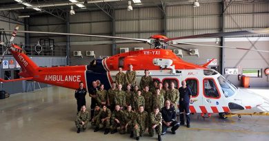 Air Force Cadets from Warrnambool’s 413 Squadron with the HEMS4 AgustaWestland AW139 helicopter. The HEMS4 MICA Flight Paramedic Andrew Osborne is on the far left of the group. Photo by PLTOFF(AAFC) Jane McDonald.