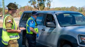 Soldiers from 16th Battalion, the Royal Western Australia Regiment, assist police at a WA check point over the Easter long weekend, on Operation COVID-19 Assist. 13 Brigade photo.