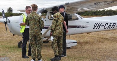 CDT Gladwin Shekarr, CDT Billy Morgan and LCDT Bradley Gallimore from 708 Squadron receive a pre-flight brief from RACWA pilot instructor Mark Dawson before their flight in a Cessna 172R Skyhawk. Cadet Morgan later said, “There really was no way to get bored on that flight”. Photo supplied by PLTOFF(AAFC) Alex Hartner.