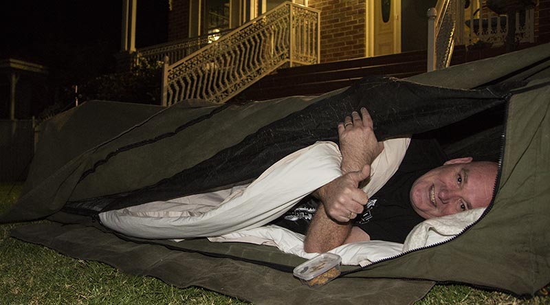 CONTACT editor Brian Hartigan ready for bed – on Exercise Stone Pillow 2020. Photo by Rosie Hartigan.